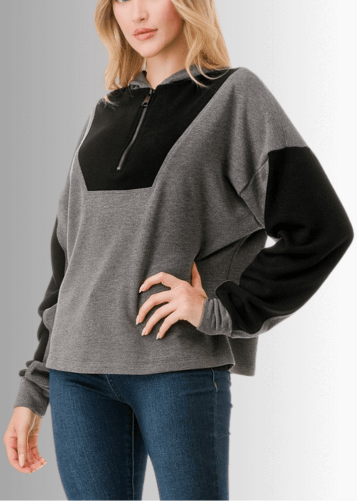 Made in USA Women's Black and Gray Medium Weight Color Block Relaxed Fit Quarter Zip Hoodie, Two Color Variations Available