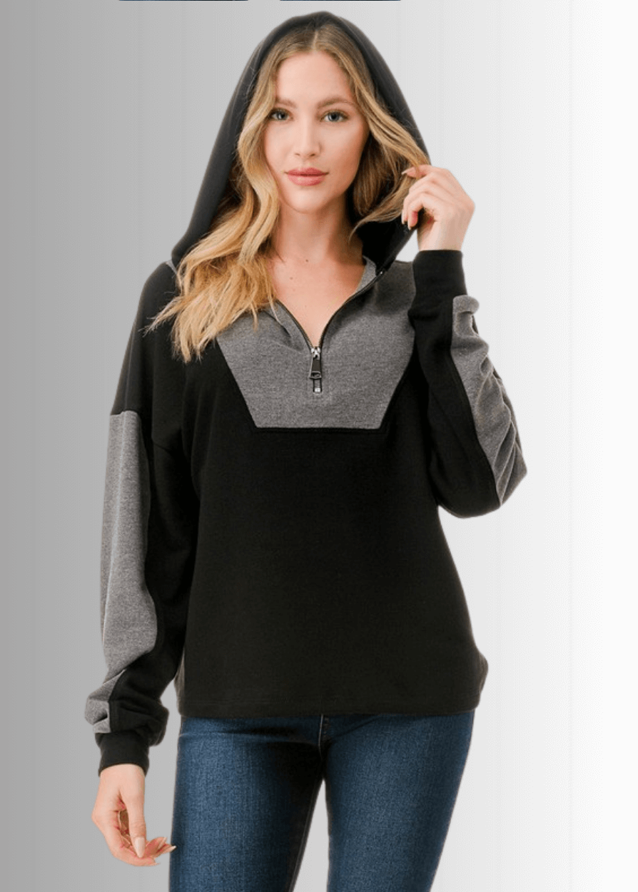 Made in USA Women's Black and Gray Medium Weight Color Block Relaxed Fit Quarter Zip Hoodie, Two Color Variations Available