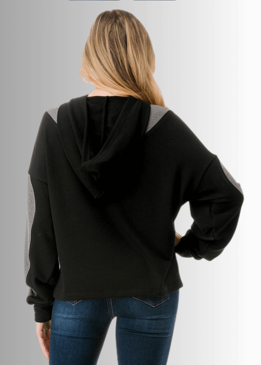 Made in USA Women's Black and Gray Medium Weight Color Block Relaxed Fit Quarter Zip Hoodie, Two Color Variations Available