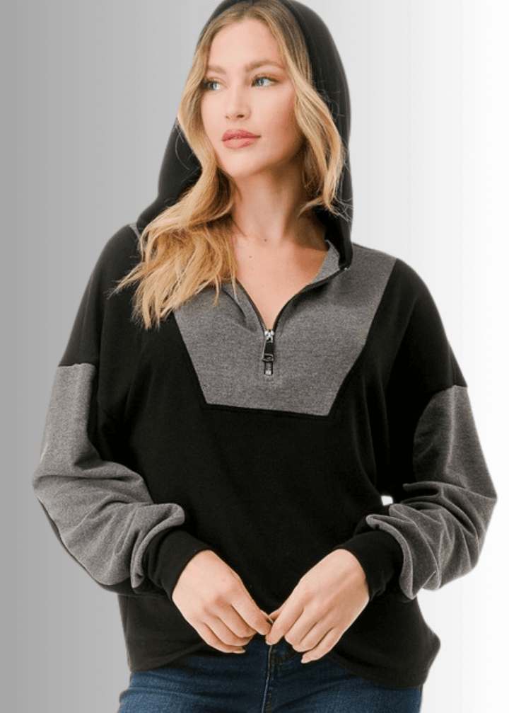 Made in USA Women's Black and Gray Medium Weight Color Block Relaxed Fit Quarter Zip Hoodie, Two Color Variations Available