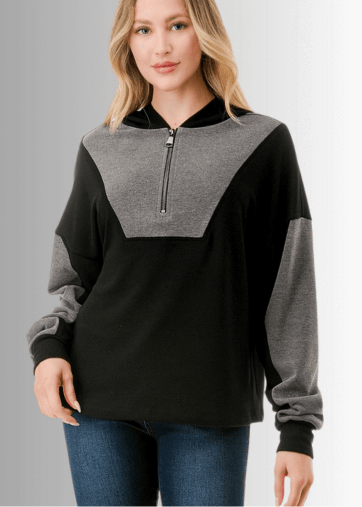 Made in USA Women's Black and Gray Medium Weight Color Block Relaxed Fit Quarter Zip Hoodie, Two Color Variations Available