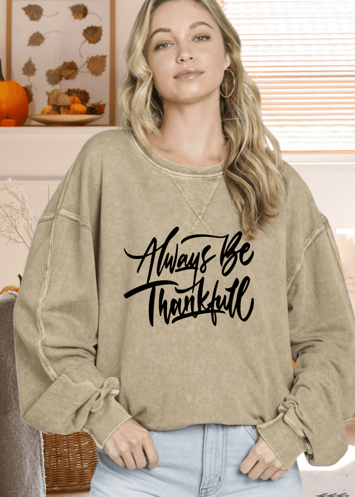 Be Thankful this holiday season and year round in this Made in USA Graphic All American Oversized Sweatshirt is made with premium USA cotton, offering you superior quality and comfort. The extra-long chunky sleeves and mineral-washed color make it not only warm and cozy but also stylish and fashionable. Available in Pink, Taupe or Green.