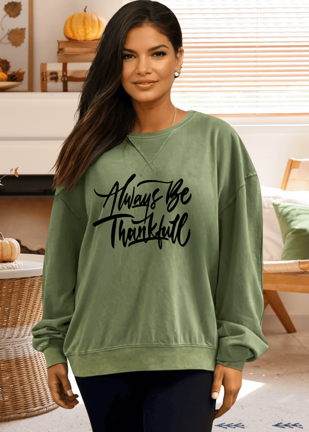 Be Thankful this holiday season and year round in this Made in USA Graphic All American Oversized Sweatshirt is made with premium USA cotton, offering you superior quality and comfort. The extra-long chunky sleeves and mineral-washed color make it not only warm and cozy but also stylish and fashionable. Available in Pink, Taupe or Green.