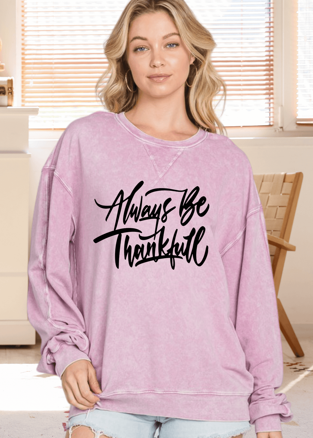 Be Thankful this holiday season and year round in this Made in USA Graphic All American Oversized Sweatshirt is made with premium USA cotton, offering you superior quality and comfort. The extra-long chunky sleeves and mineral-washed color make it not only warm and cozy but also stylish and fashionable. Available in Pink, Taupe or Green.