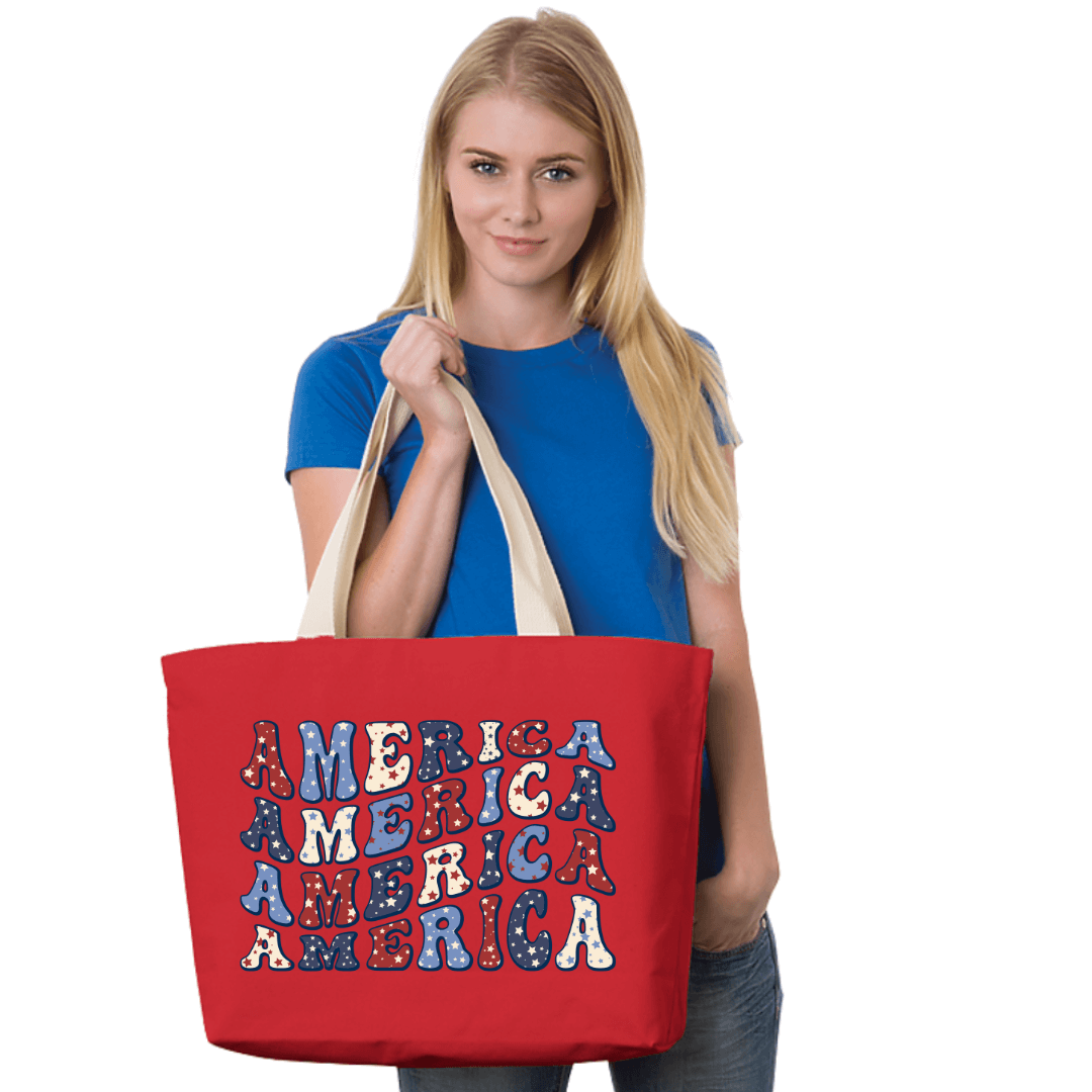 Made in USA Women's Large Groovy America Canvas Tote in Natural, Fuchsia, or Red,  with Personalized Initial, 100% Cotton Canvas Extra Long Natural Web Handles | Classy Cozy Cool Made in America Boutique