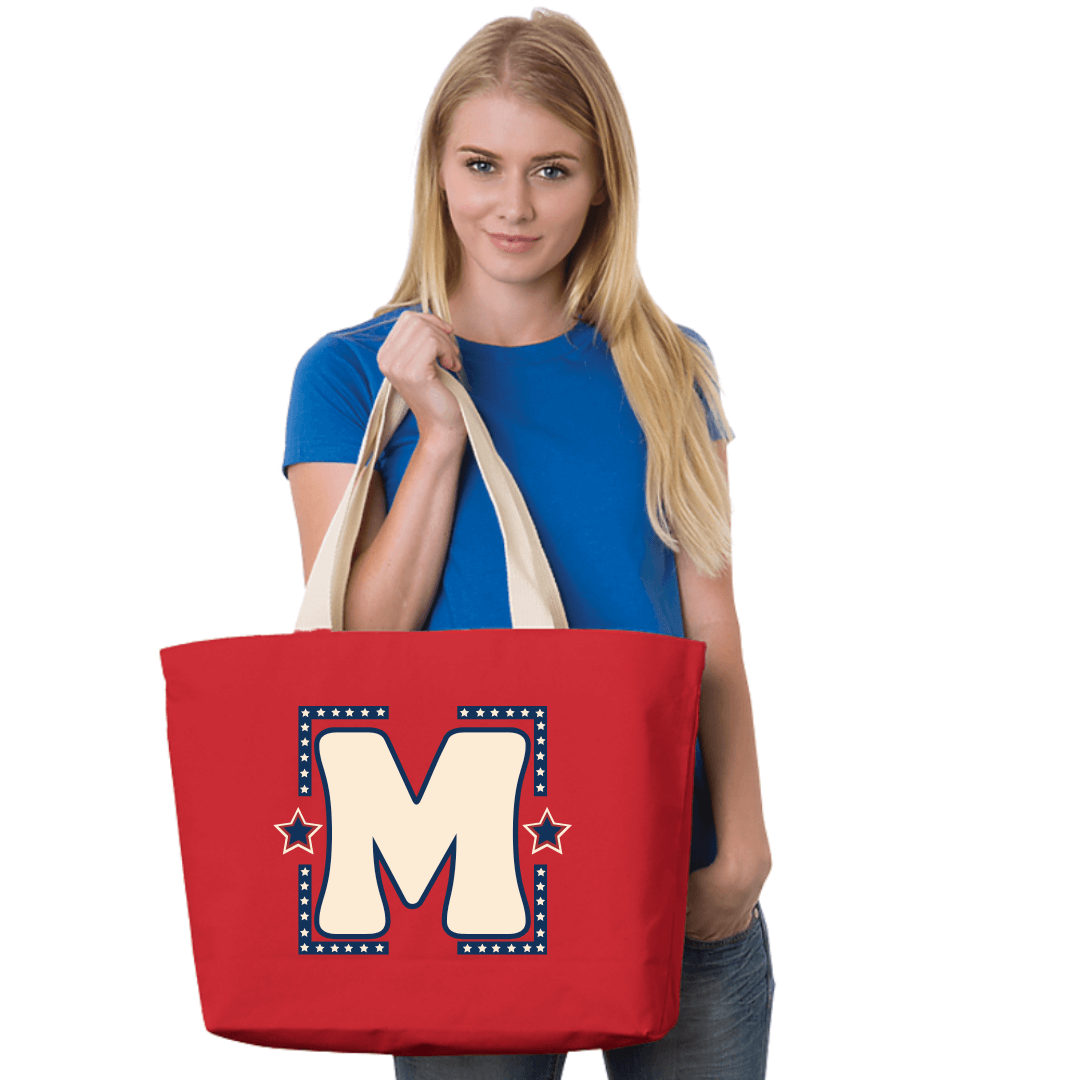 Made in USA Women's Large Groovy America Canvas Tote in Natural, Fuchsia, or Red,  with Personalized Initial, 100% Cotton Canvas Extra Long Natural Web Handles | Classy Cozy Cool Made in America Boutique