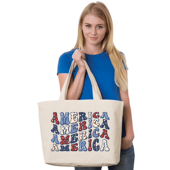 Made in USA Women's Large Groovy America Canvas Tote in Natural, Fuchsia, or Red,  with Personalized Initial, 100% Cotton Canvas Extra Long Natural Web Handles | Classy Cozy Cool Made in America Boutique