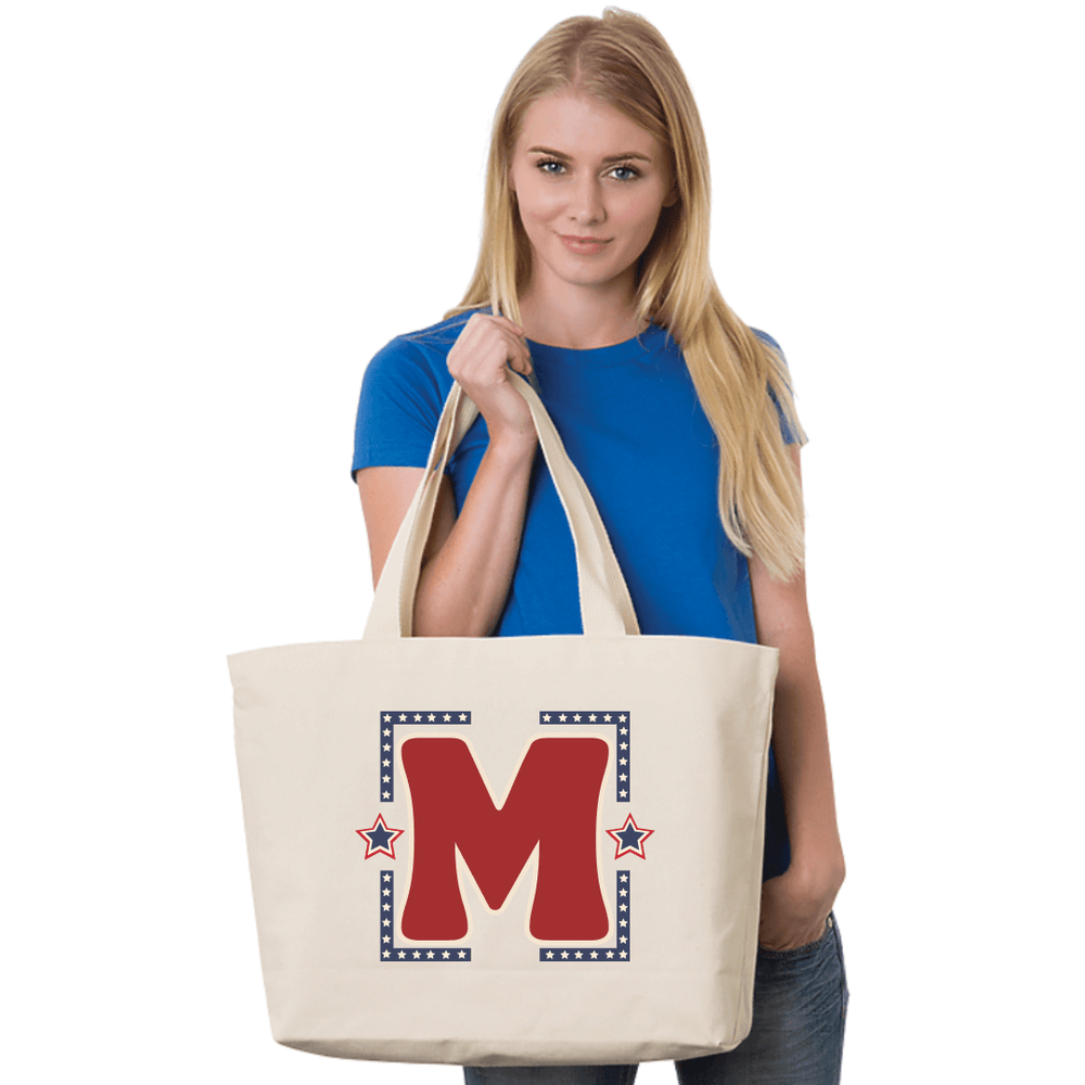 Made in USA Women's Large Groovy America Canvas Tote in Natural, Fuchsia, or Red,  with Personalized Initial, 100% Cotton Canvas Extra Long Natural Web Handles | Classy Cozy Cool Made in America Boutique