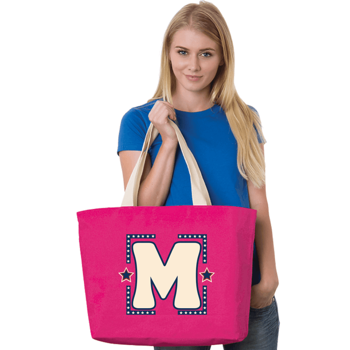 Made in USA Women's Large Groovy America Canvas Tote in Natural, Fuchsia, or Red,  with Personalized Initial, 100% Cotton Canvas Extra Long Natural Web Handles | Classy Cozy Cool Made in America Boutique