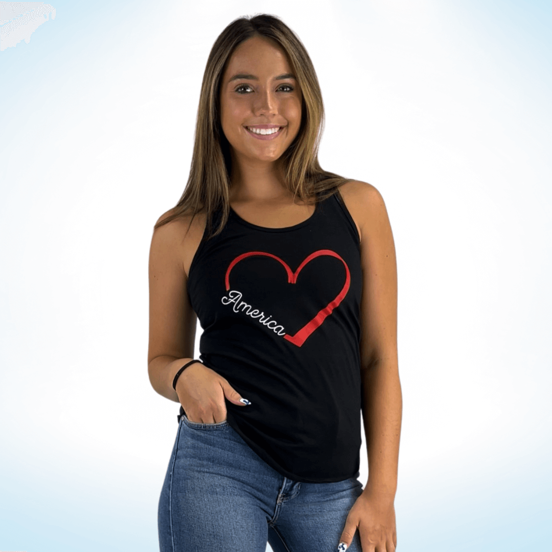 Made in USA Women's "America" Heart Graphic Black Racerback Tank Top, Fitted, Round Neckline, Patriotic | Classy Cozy Cool Made in America Boutique