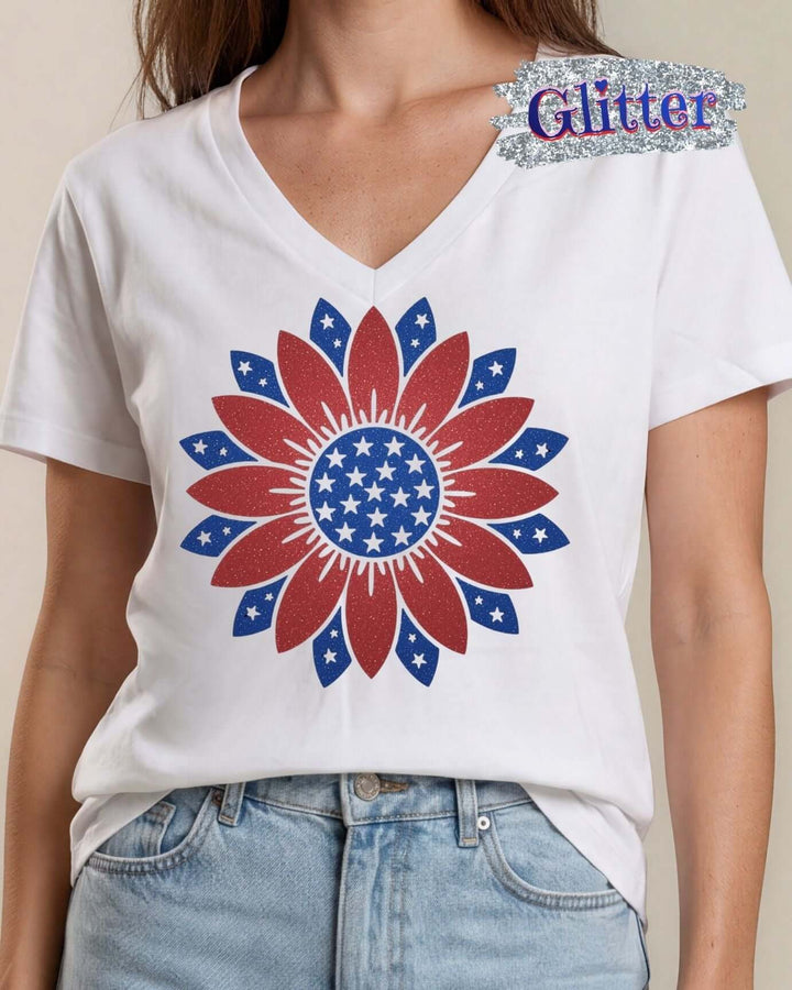 Glitter patriotic sunflower graphic V-neck tee. Sparkling red &amp; blue star petals design. 100% cotton, USA-milled fabric. Perfect for 4th of July.