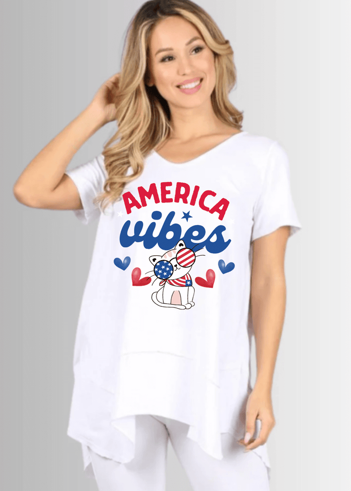 Made in USA Women's America Vibes Graphic Cool Cat Cotton V-Neck Shark Bite Hem Casual Tee Made with USA Cotton  in White, raw edge detail and garment treated.  Perfect for 4th of July,  Classy Cozy Cool Made in America Boutique