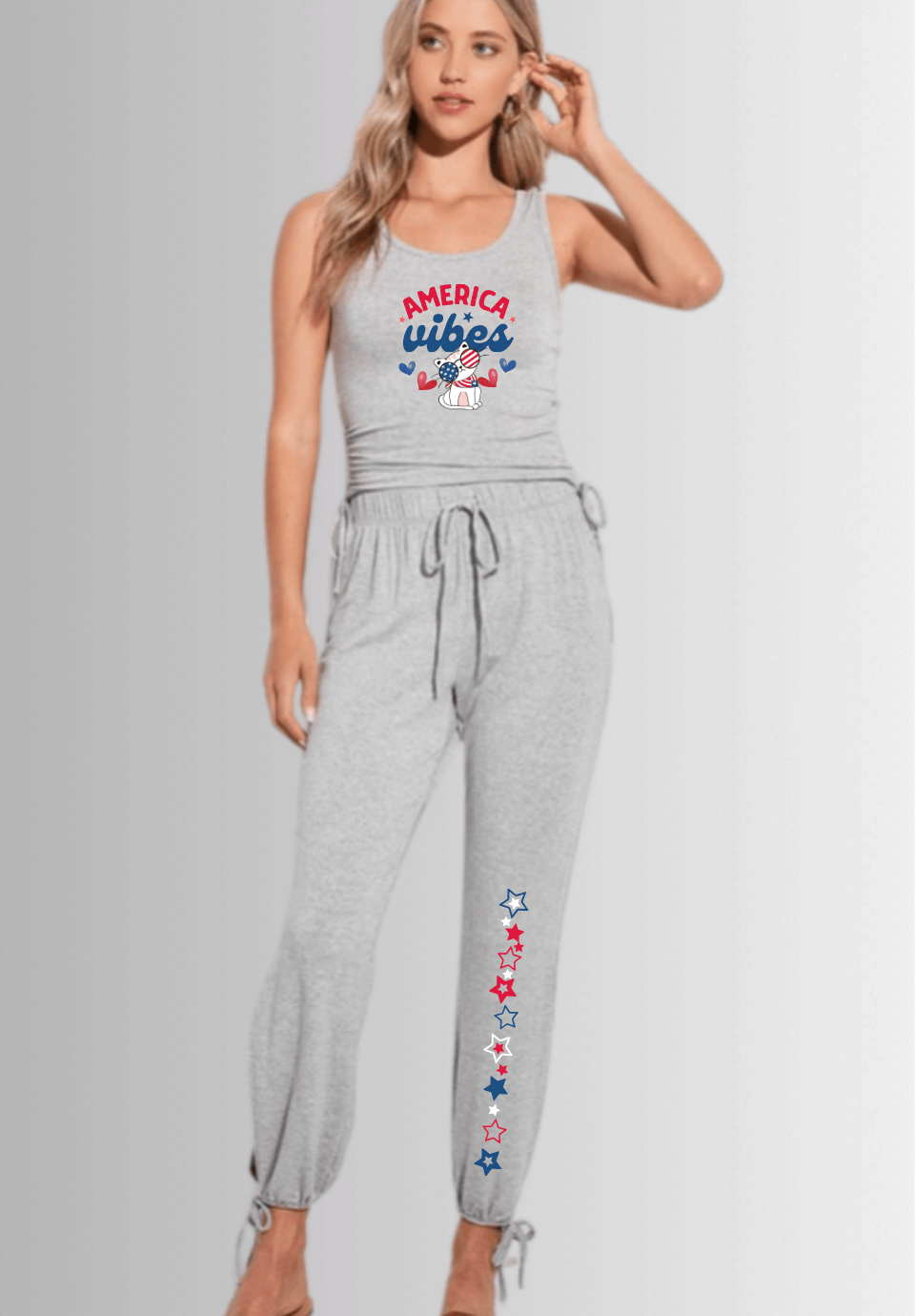 USA Made Women's Patriotic American Vibes Graphic Soft Brushed Fitted Tank Top and Jogger Set in Heather Gray