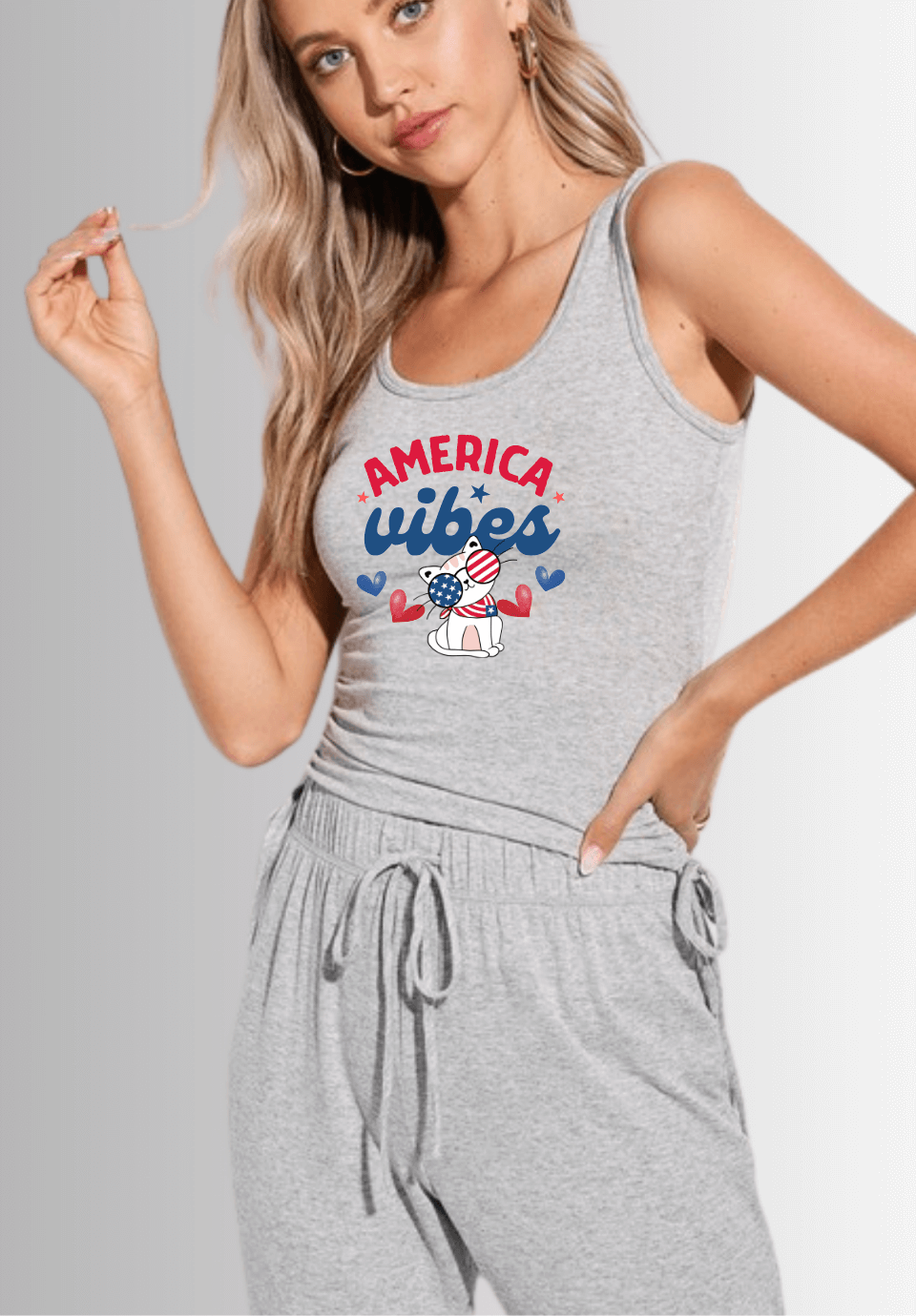 USA Made Women's Patriotic American Vibes Graphic Soft Brushed Fitted Tank Top and Jogger Set in Heather Gray