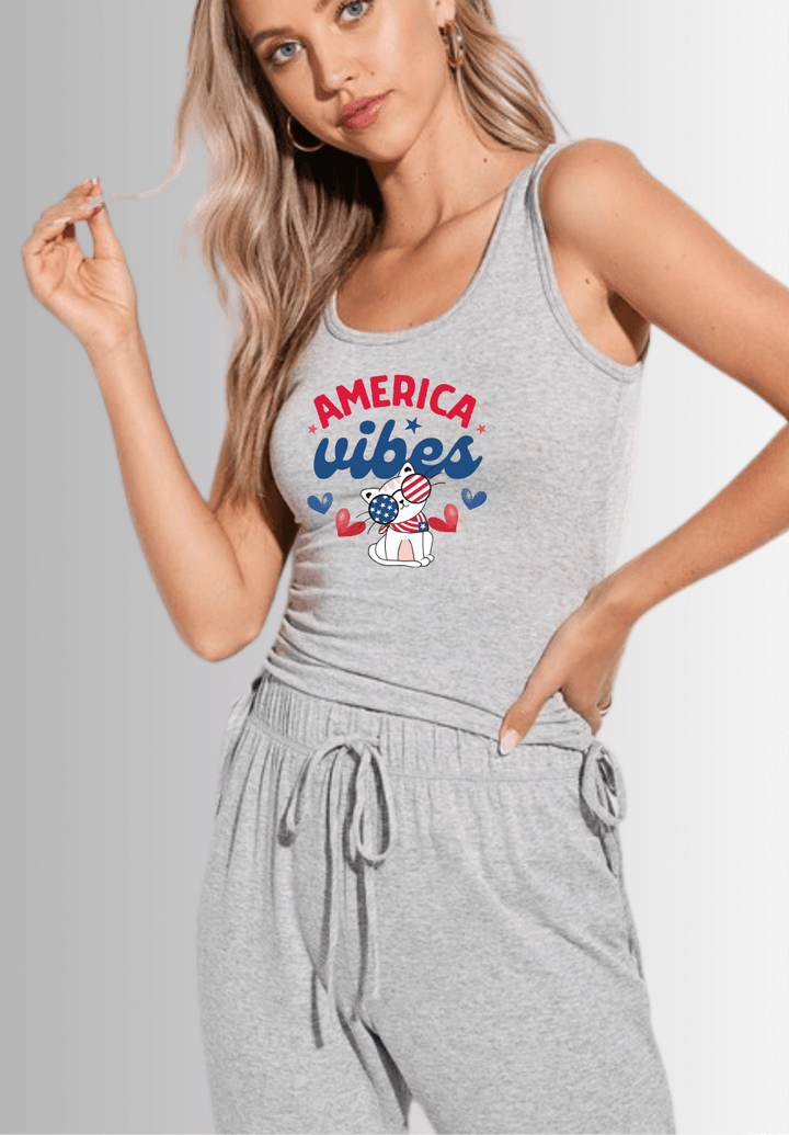 USA Made Women's Patriotic American Vibes Graphic Soft Brushed Fitted Tank Top and Jogger Set in Heather Gray