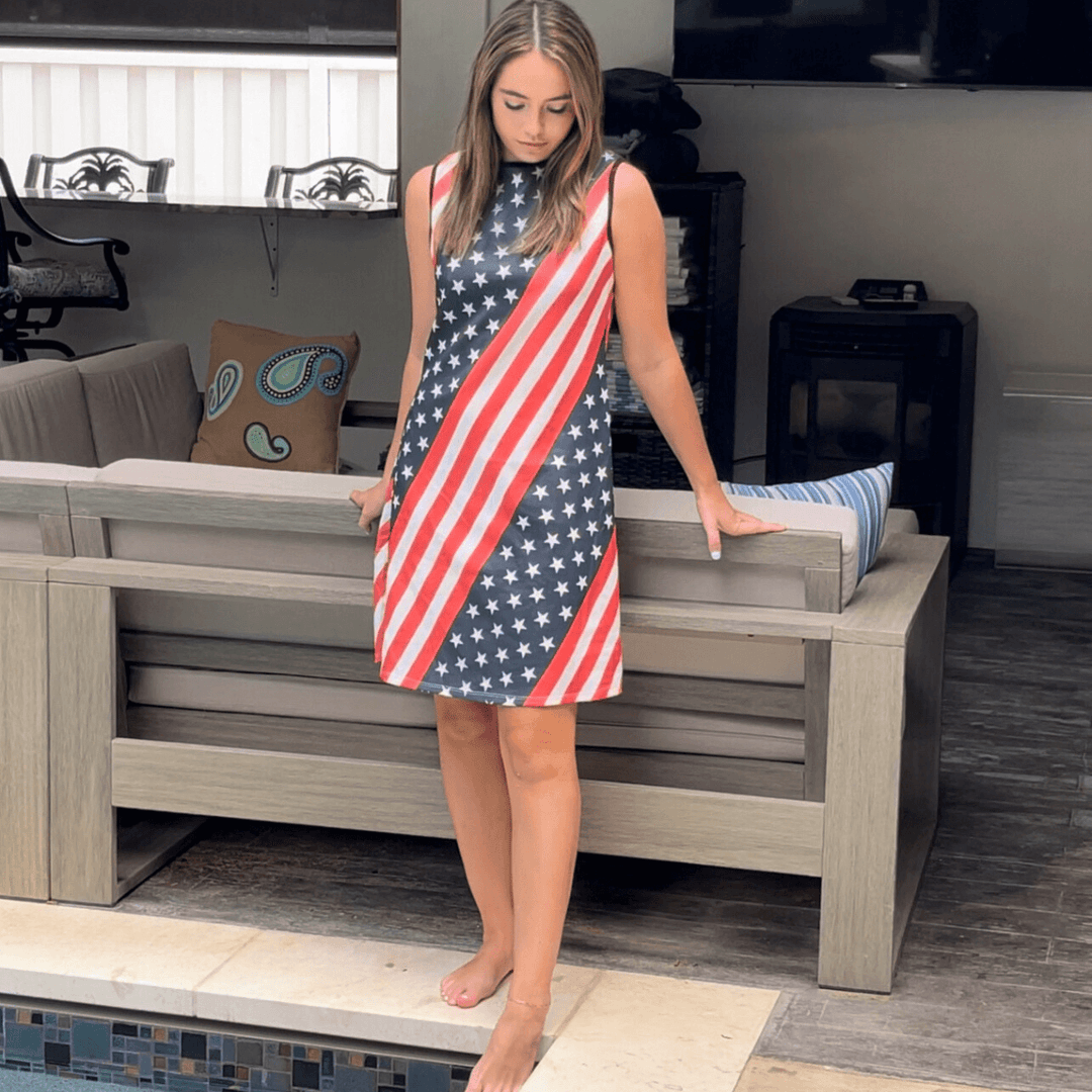 Made in USA Stars and Stripes Patriotic Knee Length Dress with Round Neckline in Red, White & Blue Stars & Stripes Patriotic Mini Midi | Classy Cozy Cool Made in America Boutique