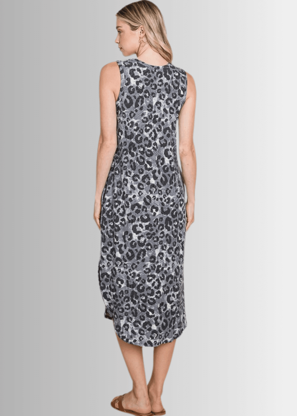 Made in USA Women's Grey Leopard Print Sleeveless Knee Length Dress | Classy Cozy Cool Made in America Boutique