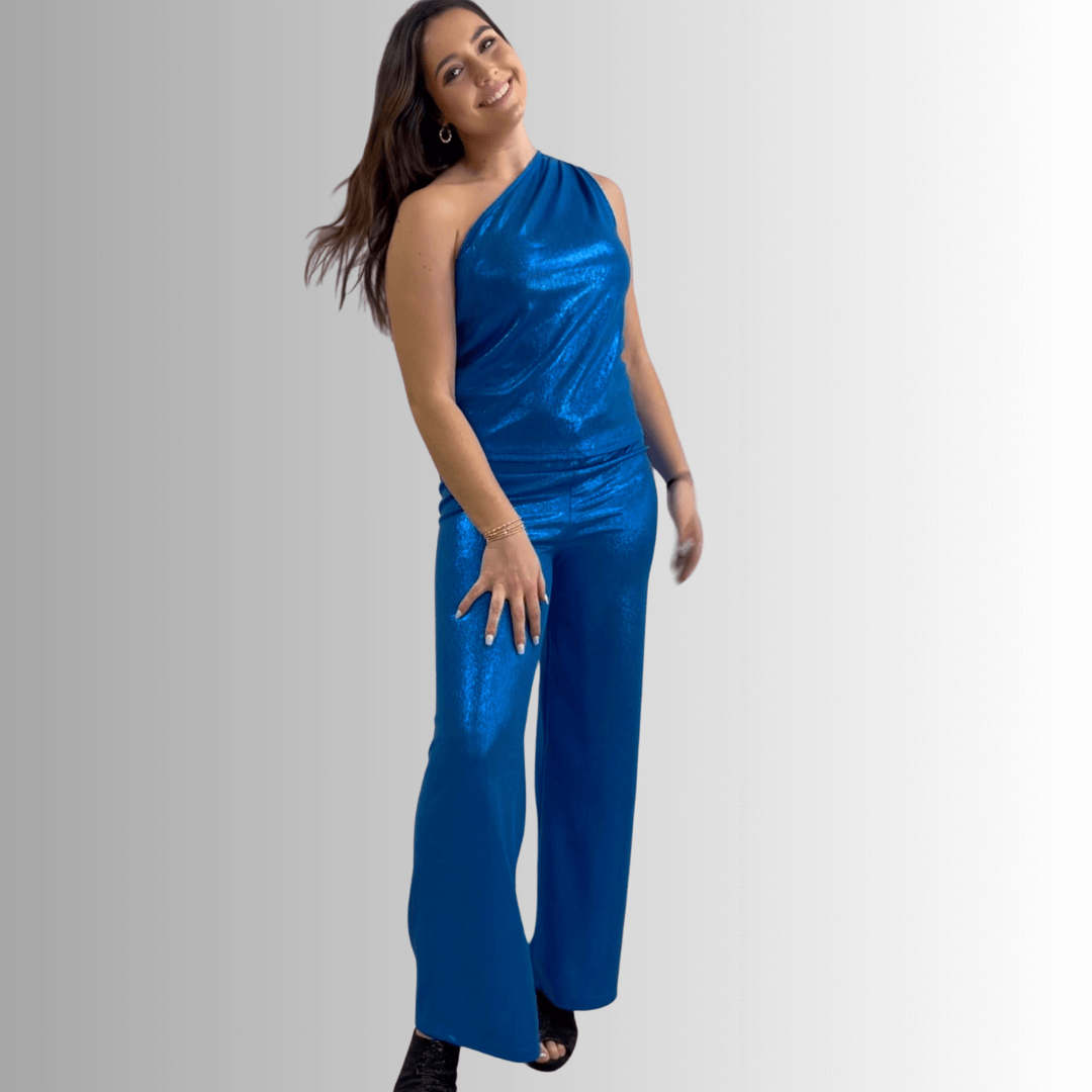 USA Made Women's Metallic Blue Areum Glamorous Pants Perfect for Holiday Party | Brand: If She Loves Style# ISP1248R | Classy Cozy Cool Women's Made in America Boutique