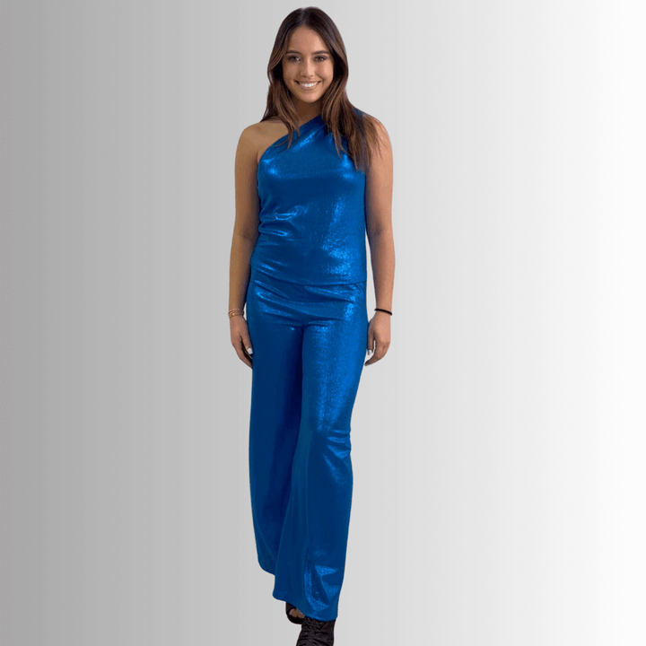 USA Made Women's Metallic Blue Areum Glamorous Pants Perfect for Holiday Party | Brand: If She Loves Style# ISP1248R | Classy Cozy Cool Women's Made in America Boutique