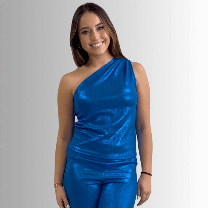 USA Made Women's One Shoulder Metallic Blue Areum Glamorous Top | Brand: If She Loves Style# IST1311 | Classy Cozy Cool Women's Made in America Boutique