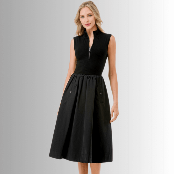 Made in USA Women's Classic Silhouette Sleeveless Fit & Flare Black Midi Dress with High Neck, Zip up Neckline and Pockets | Classy Cozy Cool Made in America Boutique