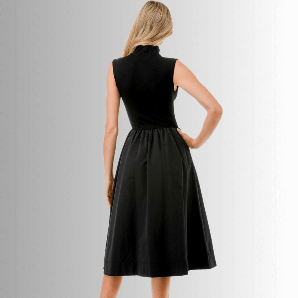 Made in USA Women's Classic Silhouette Sleeveless Fit & Flare Black Midi Dress with High Neck, Zip up Neckline and Pockets | Classy Cozy Cool Made in America Boutique