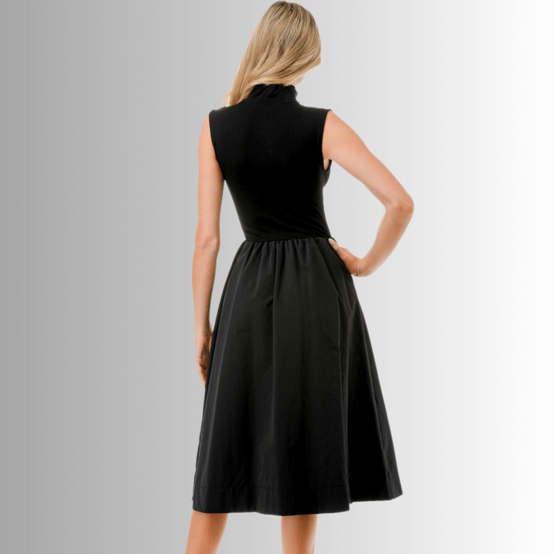 Made in USA Women's Classic Silhouette Sleeveless Fit & Flare Black Midi Dress with High Neck, Zip up Neckline and Pockets | Classy Cozy Cool Made in America Boutique