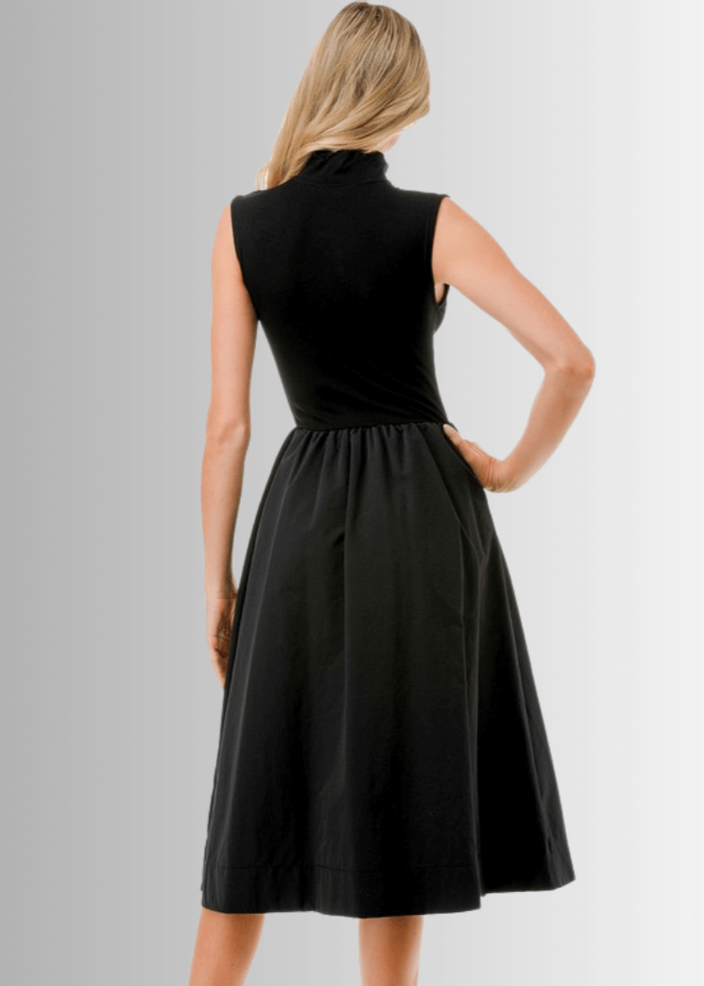 Women's Classic Silhouette Sleeveless Fit and Flare Black Midi Dress Classy Cozy Cool | Made in USA | Women's Clothing Boutique Women's Classic Silhouette Sleeveless Fit and Flare Black Midi Dress Classy Cozy Cool | Made in USA | Women's Clothing Boutique