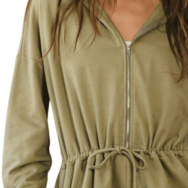 Made in USA Bucket List Clothing Style R5406 Women's Cotton Long Sleeve Drawstring Hoodie Half Zip Romper in Light Army Green | Classy Cozy Cool Made in America Boutique