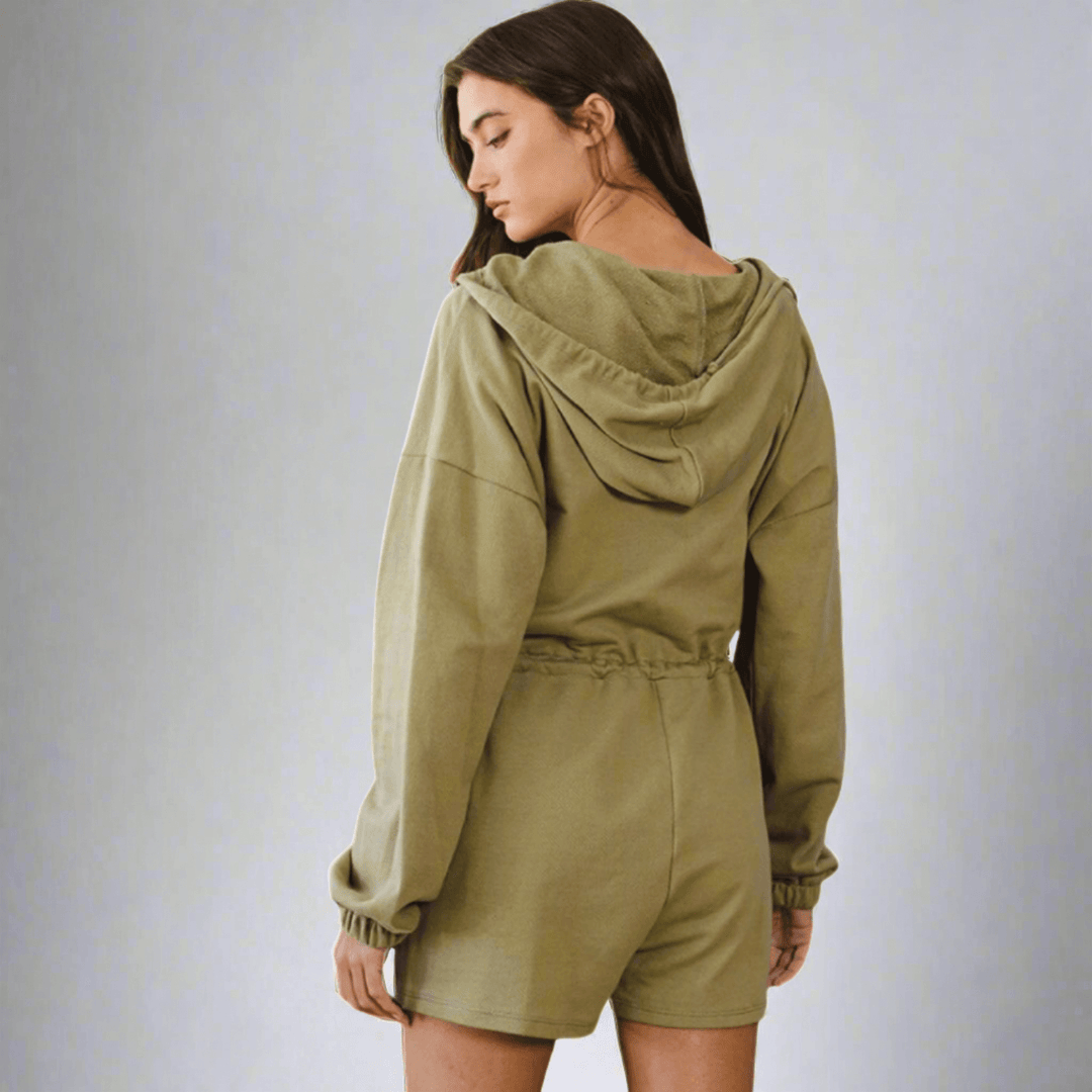 Made in USA Bucket List Clothing Style R5406 Women's Cotton Long Sleeve Drawstring Hoodie Half Zip Romper in Light Army Green | Classy Cozy Cool Made in America Boutique