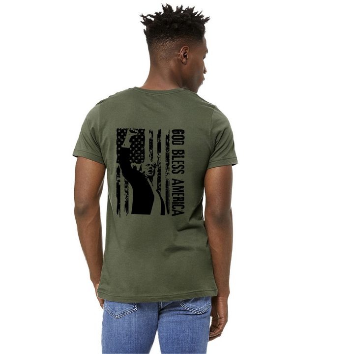 Made in USA Unisex God Bless America Graphic Trump Fight Unisex Cotton T-Shirt, Crew Neck, Short Sleeves, Color: Army Green with Black Graphic for Men or Women | Classy Cozy Cool Made in America Boutique