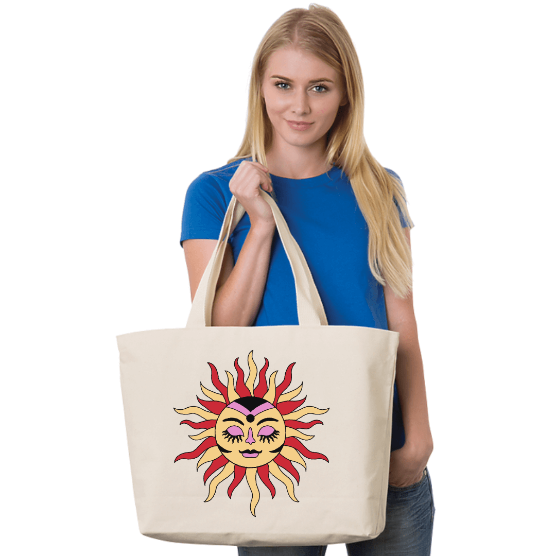 Made in USA Women's Large Astrological Sun Sign Zodiac Sign Canvas Tote in Natural, Fuchsia, or Red,  100% Cotton Canvas Extra Long Natural Web Handles | Classy Cozy Cool Made in America Boutique