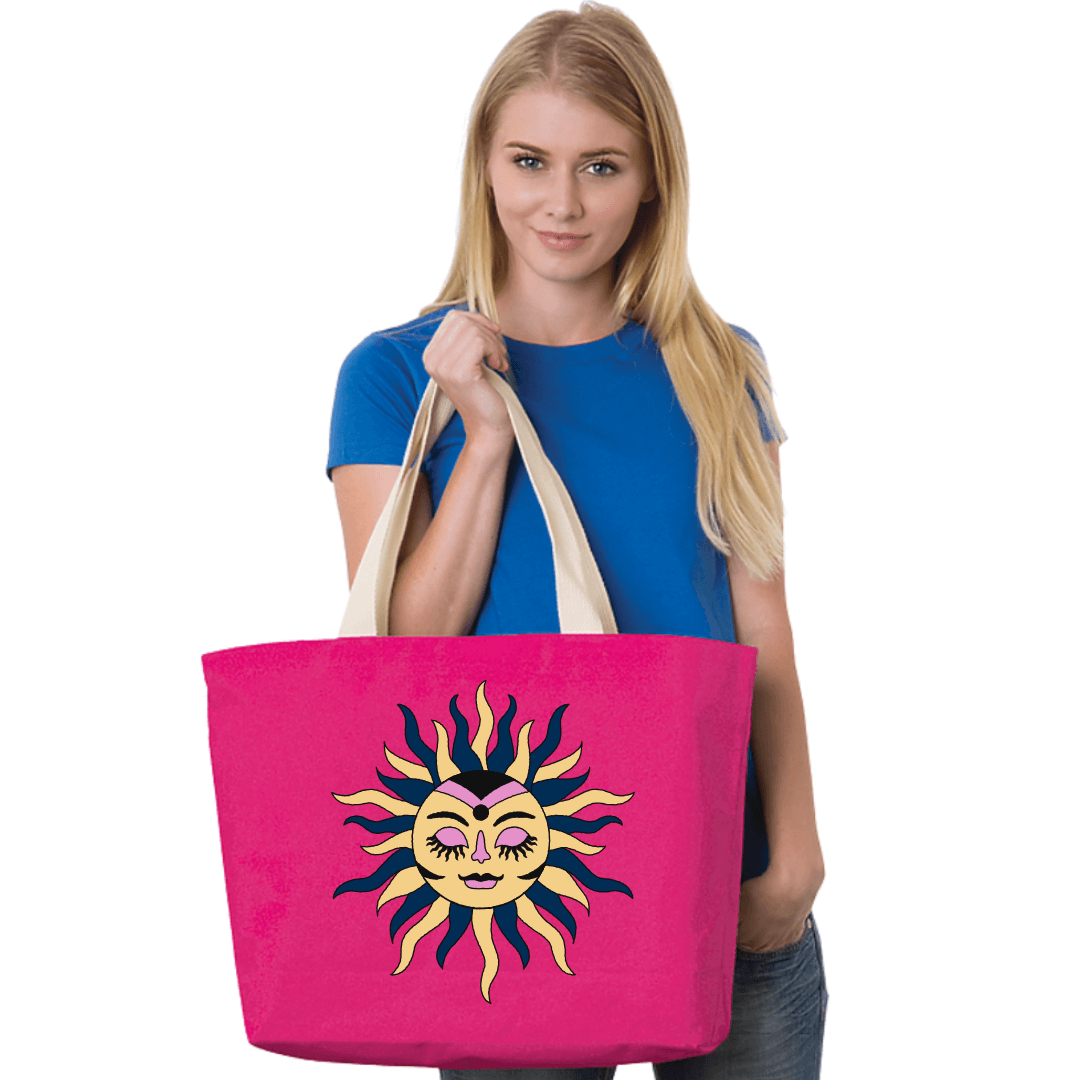 Made in USA Women's Large Astrological Sun Sign Zodiac Sign Canvas Tote in Natural, Fuchsia, or Red,  100% Cotton Canvas Extra Long Natural Web Handles | Classy Cozy Cool Made in America Boutique