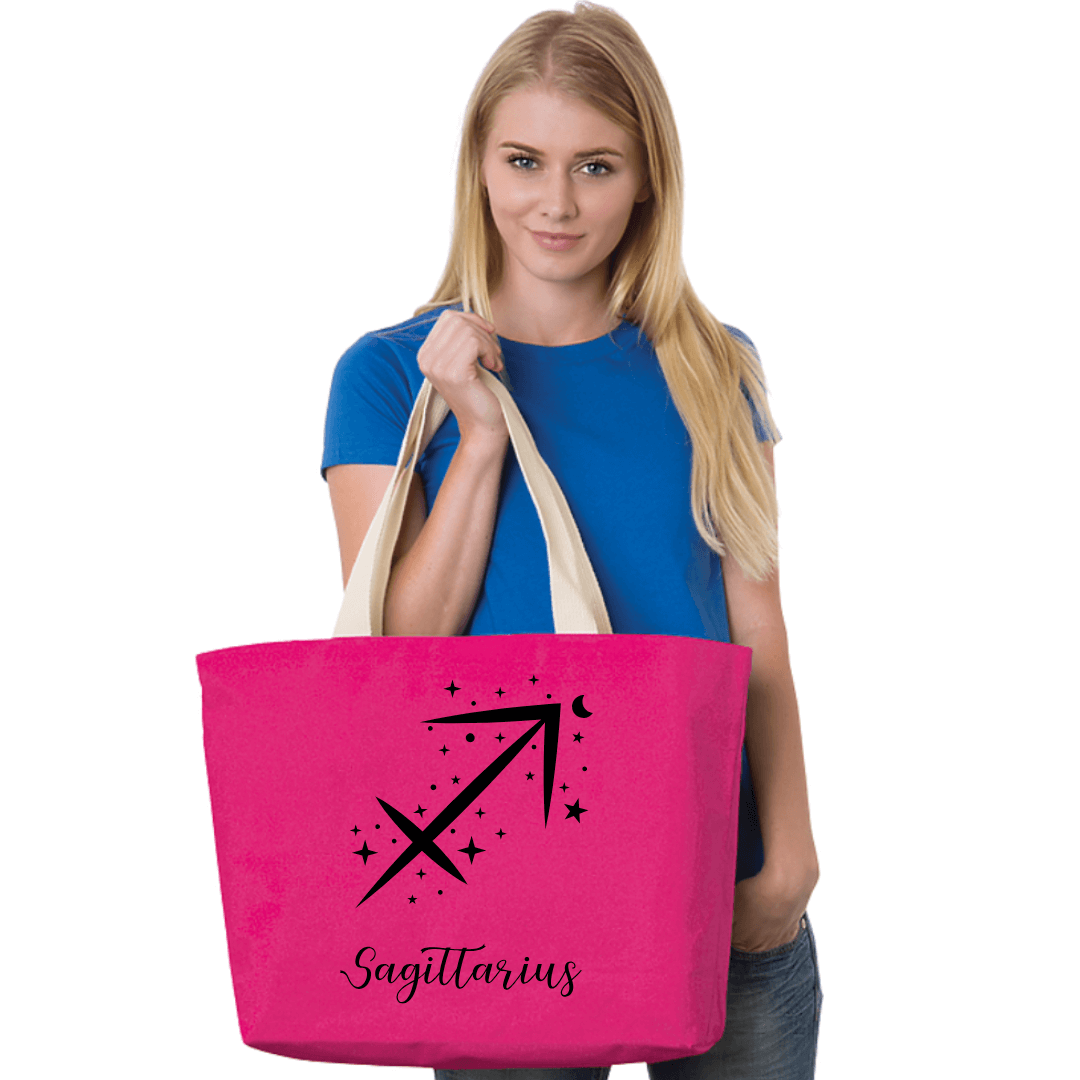 Made in USA Women's Large Astrological Sun Sign Zodiac Sign Canvas Tote in Natural, Fuchsia, or Red,  100% Cotton Canvas Extra Long Natural Web Handles | Classy Cozy Cool Made in America Boutique