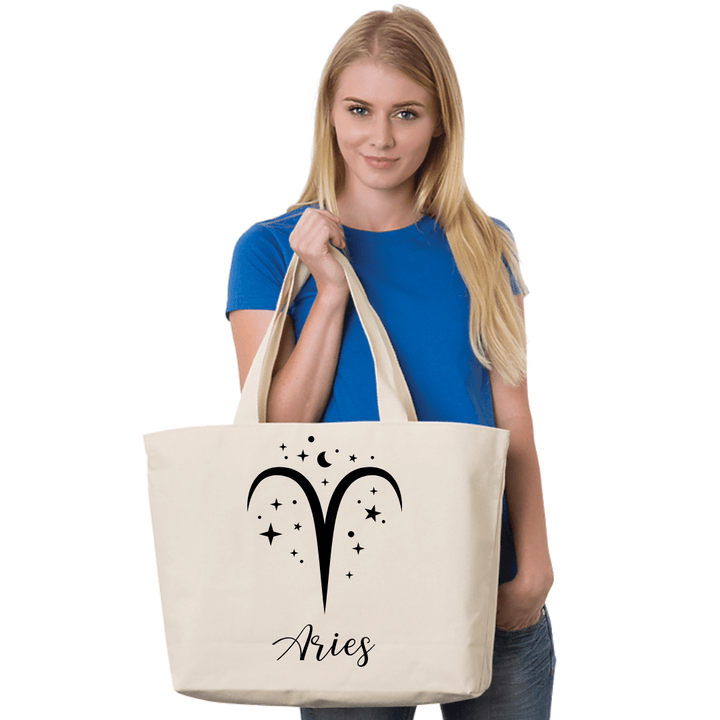 Made in USA Women's Large Astrological Sun Sign Zodiac Sign Canvas Tote in Natural, Fuchsia, or Red,  100% Cotton Canvas Extra Long Natural Web Handles | Classy Cozy Cool Made in America Boutique