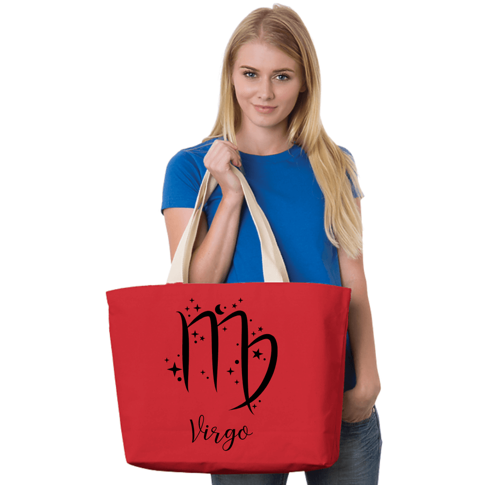 Made in USA Women's Large Astrological Sun Sign Zodiac Sign Canvas Tote in Natural, Fuchsia, or Red,  100% Cotton Canvas Extra Long Natural Web Handles | Classy Cozy Cool Made in America Boutique