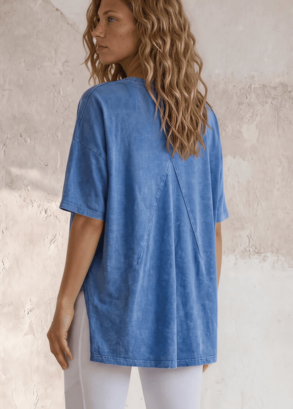 Made in USA, Women's Mineral Washed Slouchy Oversized Tee, 30"s Cotton Slub Material, Color: Denim Blue, Wide Round Neck, Back Raw Edge Detail, Side S
