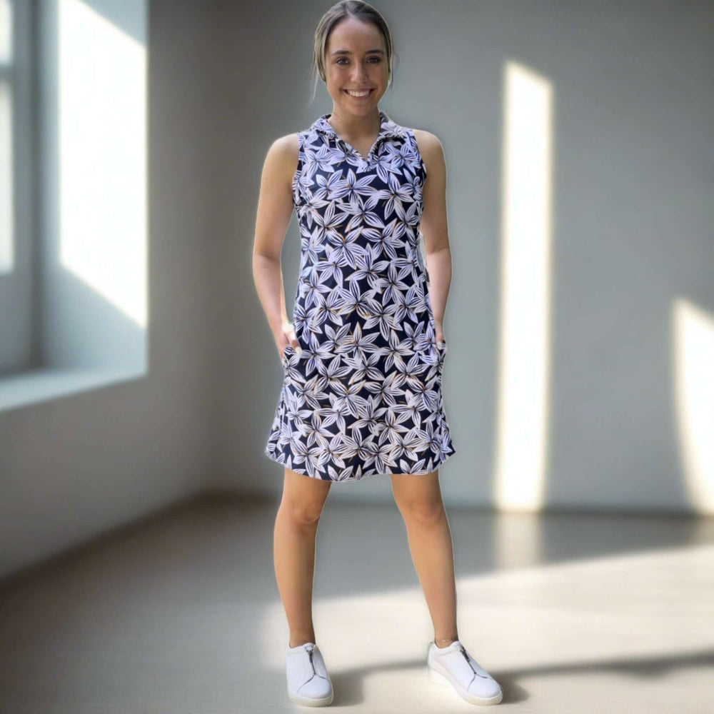 Ladies Active Wear Avalon Dress in Hibiscus Print by Southwind Apparel | Made in USA | For Tennis, Pickle Ball, Lunch, Outdoor Event Summer Wear | Classy Cozy Cool Women's Made in America Boutique