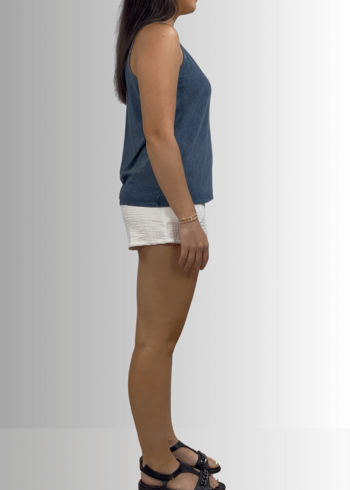 Twenty Four Seven Tank Top | Women's Sustainable and durable premium America-made cotton tank top, in Mineral Washed Vintage Dark Grey Blue Color, Wide Round Neck, Loose Fit, Perfect for Layering | Classy Cozy Cool Style C11315