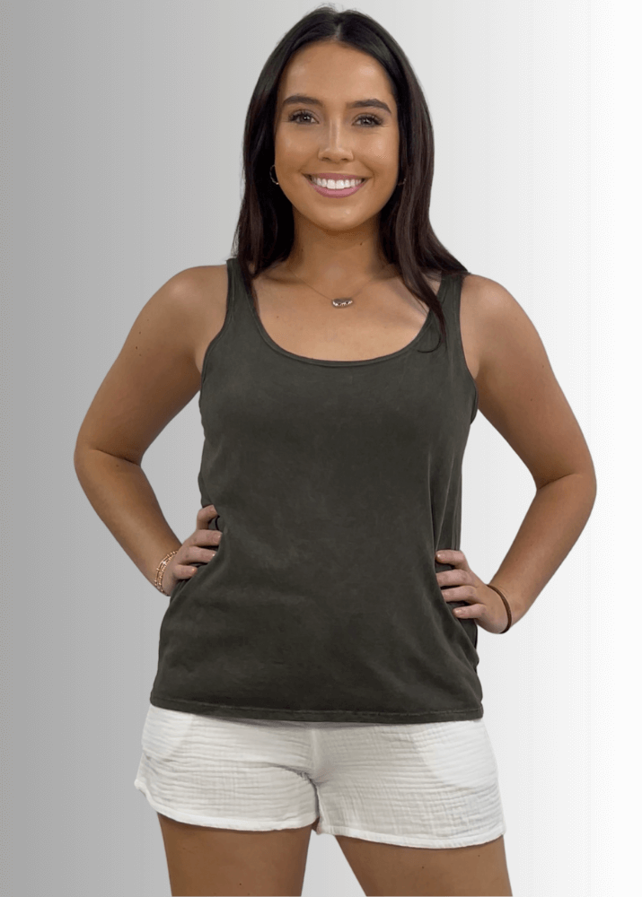 Twenty Four Seven Tank Top | Women's Sustainable and durable premium America-made cotton tank top, in Mineral Washed Vintage Dark Moss Green Color, Wide Round Neck, Loose Fit, Perfect for Layering | Classy Cozy Cool Style C11315