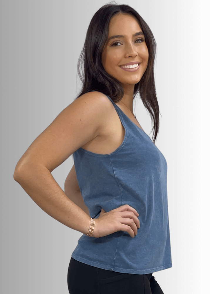 Twenty Four Seven Tank Top | Women's Sustainable and durable premium America-made cotton tank top, in Mineral Washed Vintage Light Denim Blue Color, Wide Round Neck, Loose Fit, Perfect for Layering | Classy Cozy Cool Style C11315