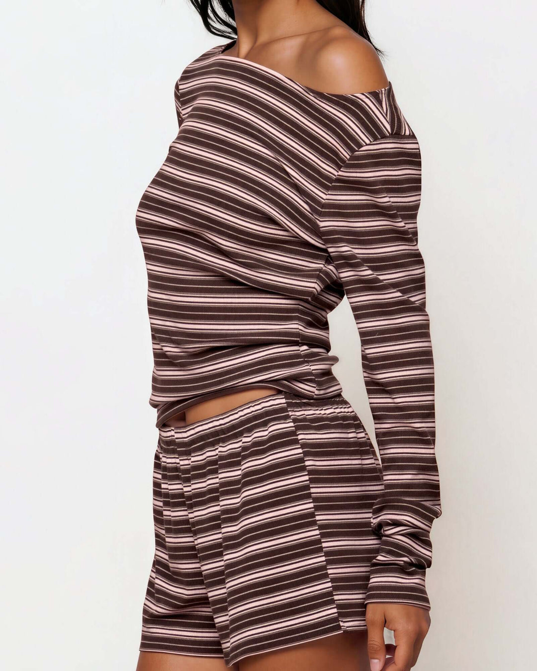 Made in USA women's brown, pink, and cream striped two-piece set with long sleeve boat neck top and elastic-waist shorts, close-up side view