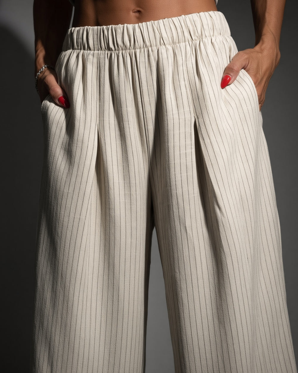 Made in USA Avery women's high-rise wide leg pinstripe pant in ivory. Business, Business Casual,  Elastic waist, pleated front, full length. 85% rayon, 15% linen.. Sizes S–L.