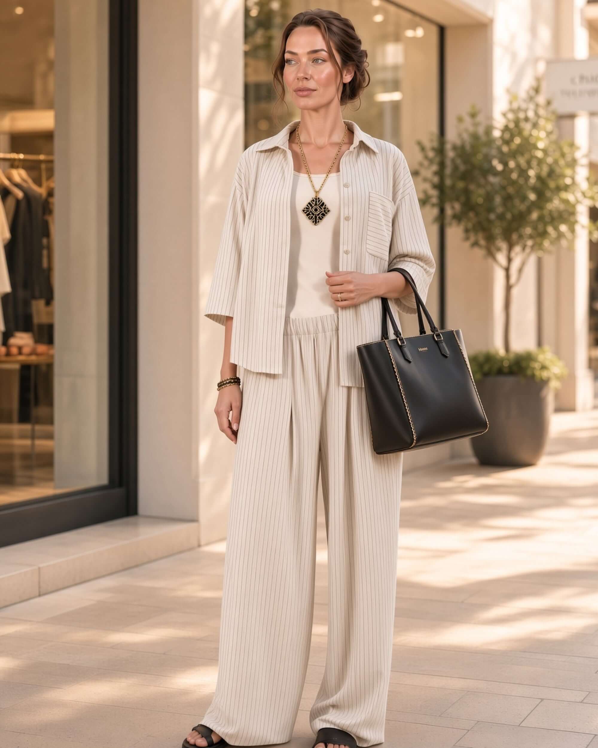 Avery Ivory Pinstripe Wide Leg Pant | Made in USA – Classy Cozy