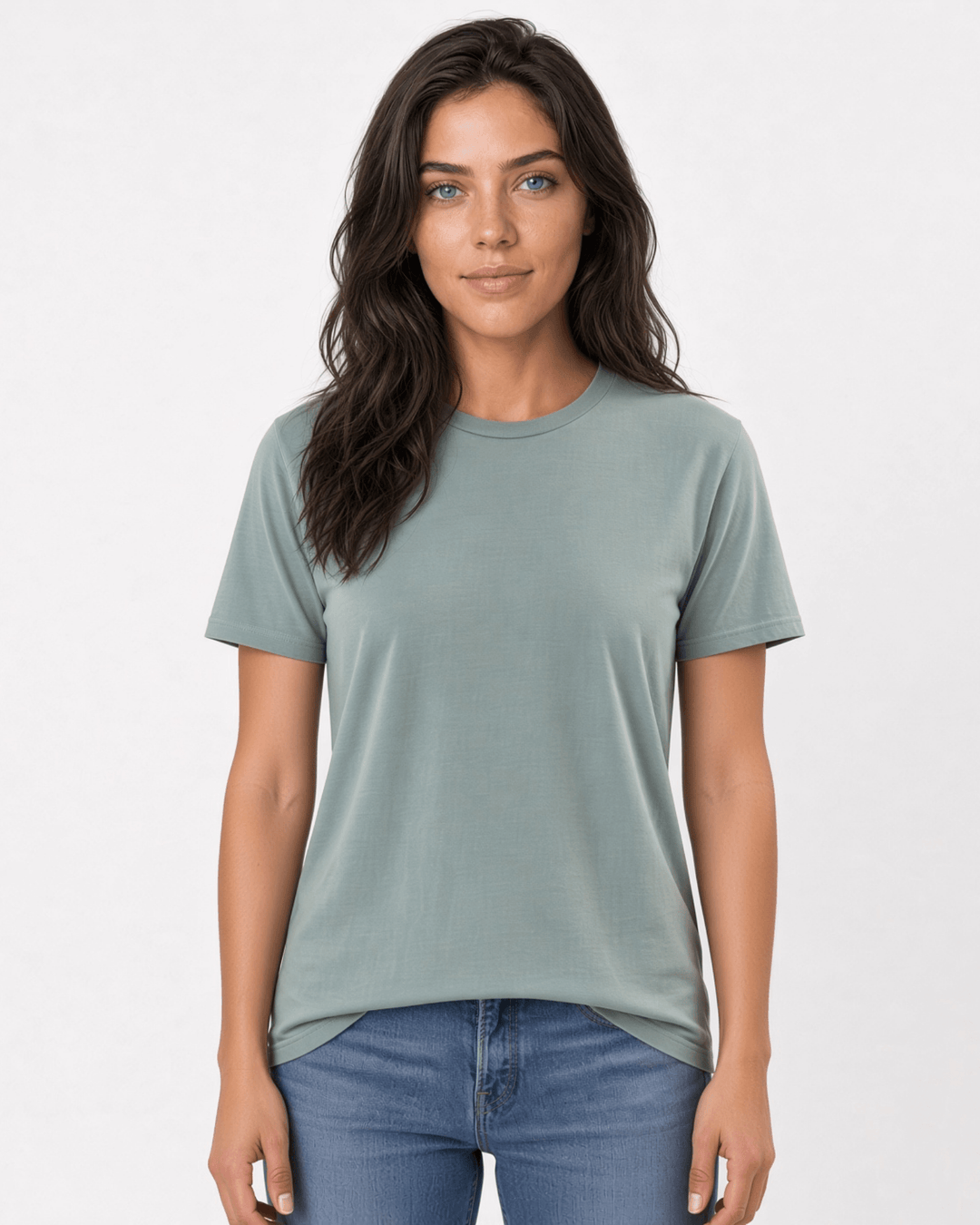 Made in USA The Boyfriend Cotton Washed T-Shirt - Fern: front view of sage green crew neck short sleeve tee on female model with jeans