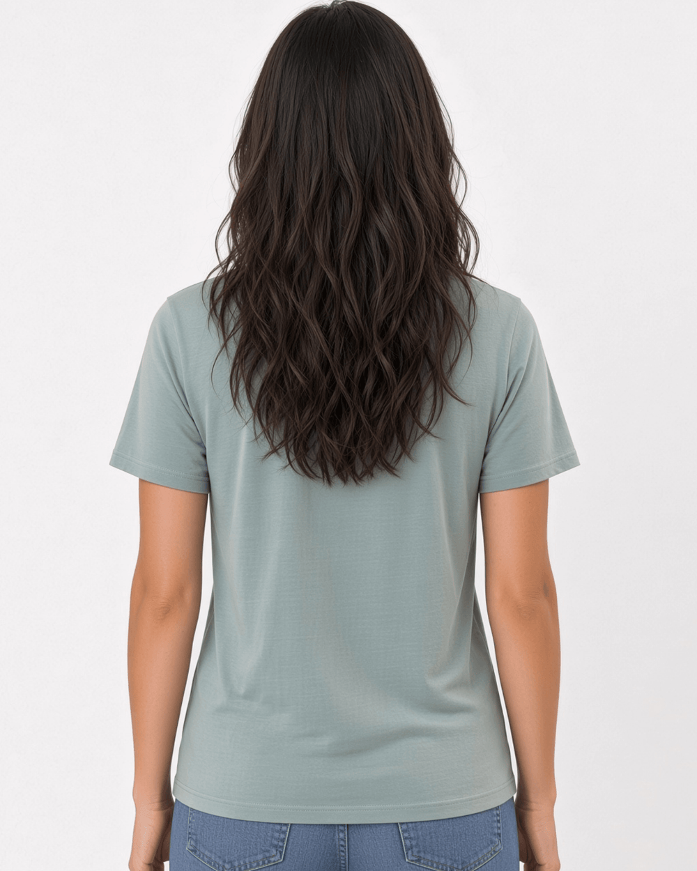 Made in USA The Boyfriend Cotton Washed T-Shirt - Fern: back view of sage green short sleeve tee on female model with jeans