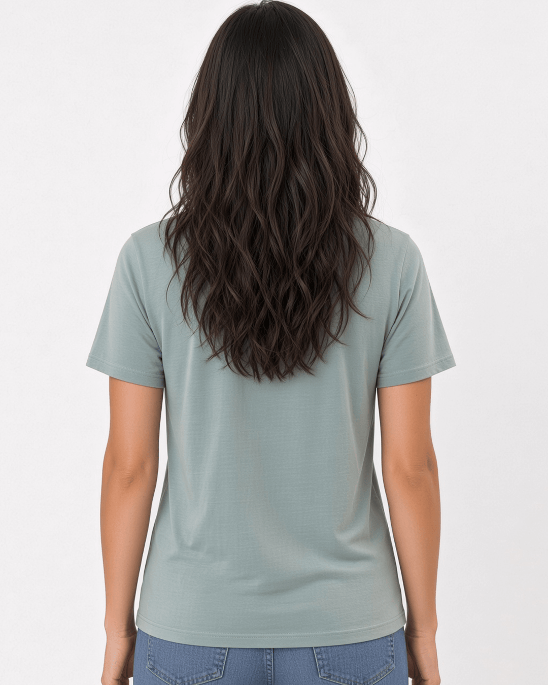 Made in USA The Boyfriend Cotton Washed T-Shirt - Fern: back view of sage green short sleeve tee on female model with jeans
