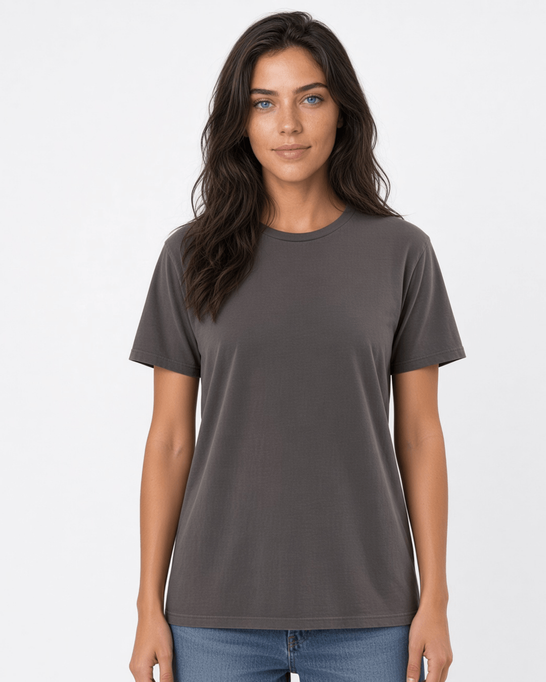 Made in USA The Boyfriend Cotton Washed T-Shirt - Charcoal: front view of charcoal gray crew neck short sleeve tee on female model with jeans