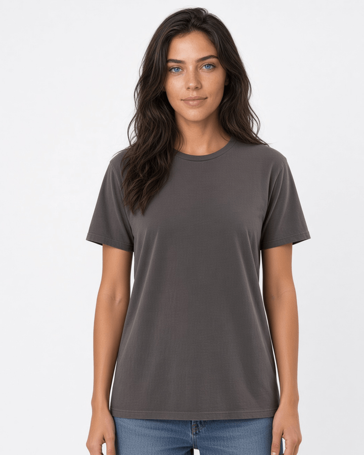 Made in USA The Boyfriend Cotton Washed T-Shirt - Charcoal: front view of charcoal gray crew neck short sleeve tee on female model with jeans