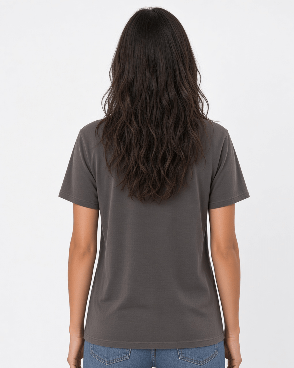 Made in USA The Boyfriend Cotton Washed T-Shirt - Charcoal: back view of charcoal gray crew neck short sleeve tee on female model with jeans
